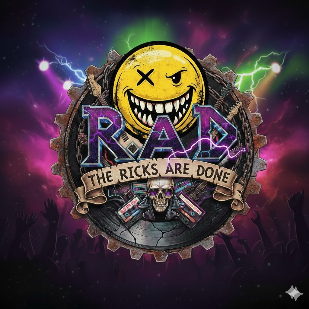 R.A.D. — The Ricks Are Done: logo con teschio, chitarre incrociate, cassette e fulmini su sfondo cosmico