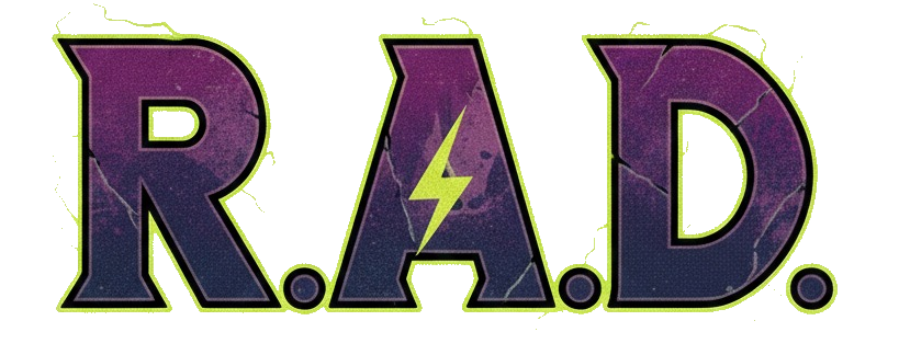 Logo R.A.D. con effetto neon viola e fulmini verdi